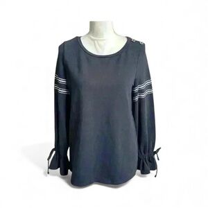 Crown & Ivy Navy Long Sleeve Bell Cuff w/ White Stripes Pullover Women Sz Small